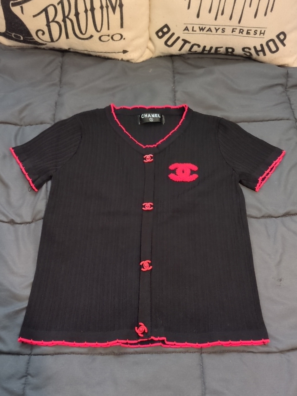 CHANEL Black Short-Sleeve Button-Down Knitted Top Size Small